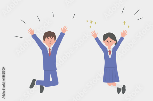 ジャンプして喜ぶ女子生徒と男子生徒のイラスト