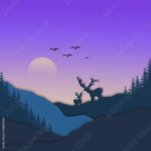 Illustration landscape with reindeer, minimal wallpaper, 