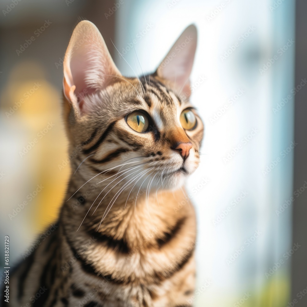 Portrait of a tortoiseshell Savannah cat sitting in a light room beside window. Closeup face of a beautiful Savannah cat at home. Portrait of a tabby Savannah cat with sleek fur looking outside window