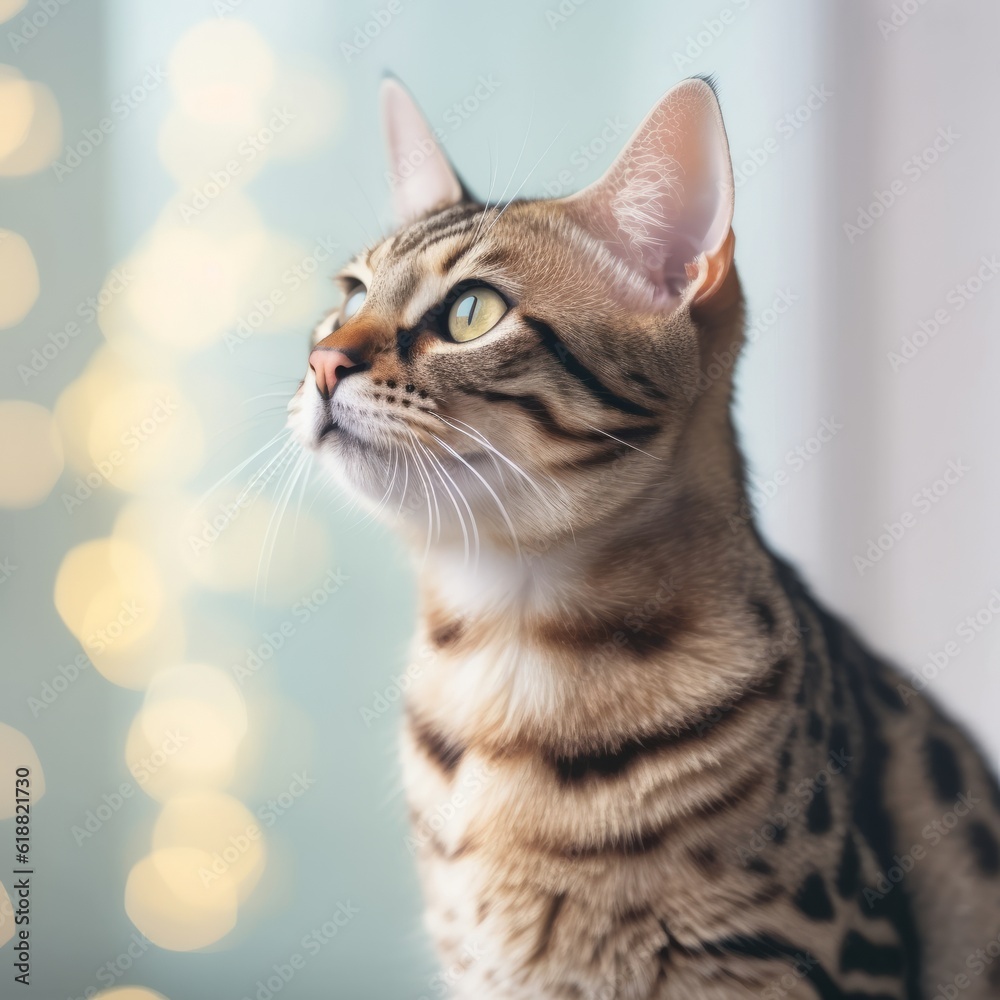 Obraz premium Portrait of a spotted Savannah cat sitting in a light room beside a window. Closeup face of a beautiful Savannah cat at home. Portrait of a tabby Savannah cat with sleek fur looking outside a window.