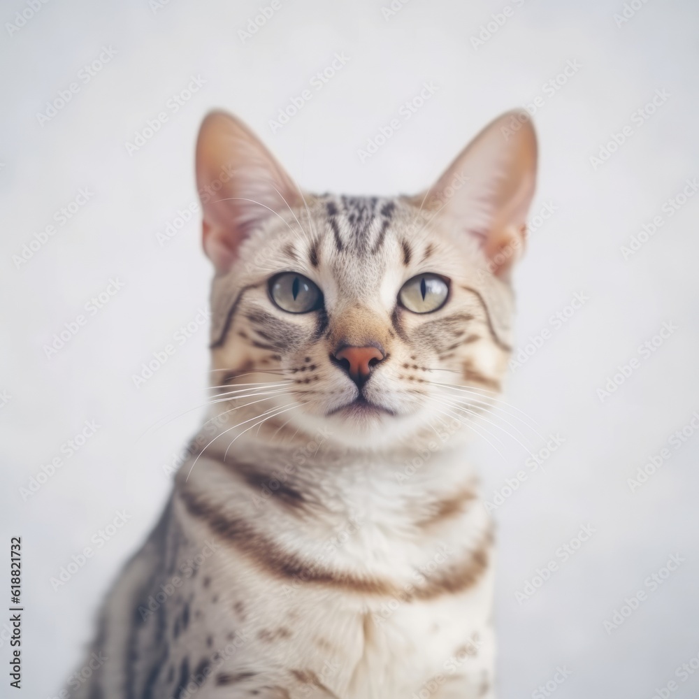 Portrait of a white Savannah cat sitting in a light room beside a window. Closeup face of a beautiful Savannah cat at home. Portrait of a tabby Savannah cat with snow fur looking at the camera.