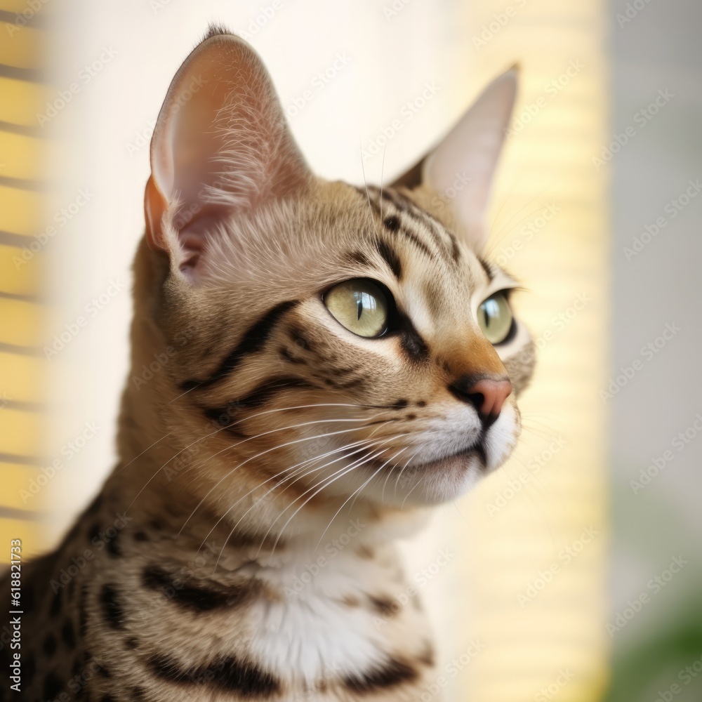 Portrait of a spotted Savannah cat sitting in a light room beside a window. Closeup face of a beautiful Savannah cat at home. Portrait of a tabby Savannah cat with sleek fur looking outside a window. Portrait of a spotted Savannah cat sitting in a light room beside a window. Closeup face of a beautiful Savannah cat at home. Portrait of a tabby Savannah cat with sleek fur looking outside a window.