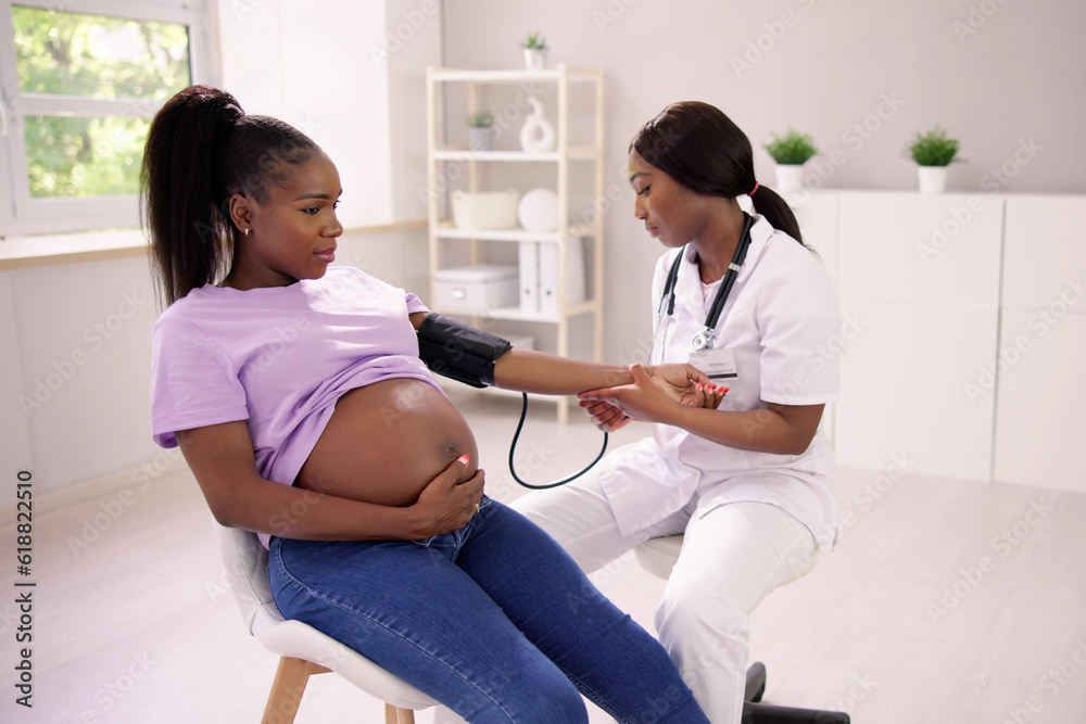Obraz premium Female Doctor Measuring Blood Pressure Of Pregnant Woman