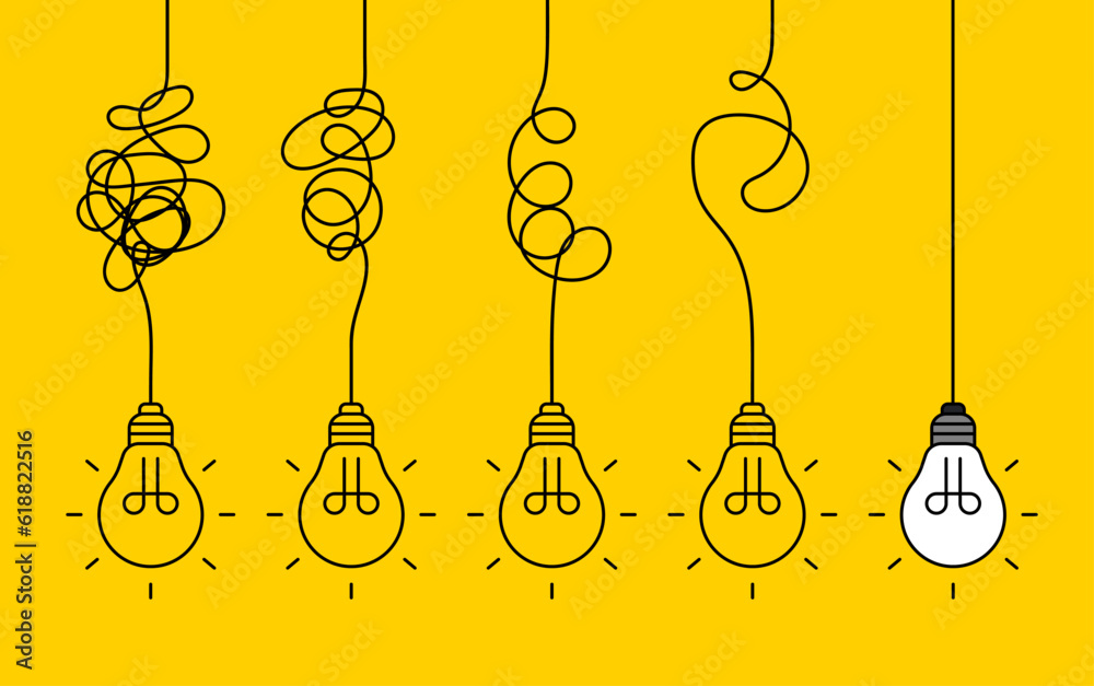 Hanging light bulbs with one glowing on yellow background. Concept of idea Hanging light bulbs with one glowing on yellow background. Concept of idea