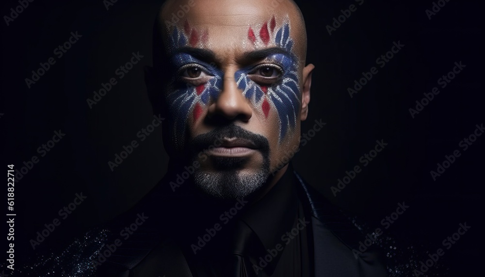 Serious man with makeup: portrait of a man in a carnival mask. Generative AI Serious man with makeup: portrait of a man in a carnival mask. Generative AI