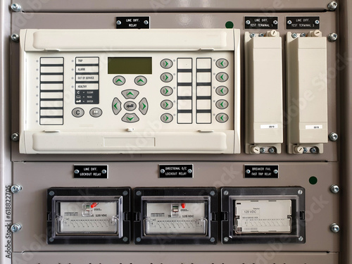 Canvas Print 115kV Control and Protection Panel : Panel cutout for the flush-mounted of Line differential relay, Lockout relay, Fast trip relay and Test terminal block installation