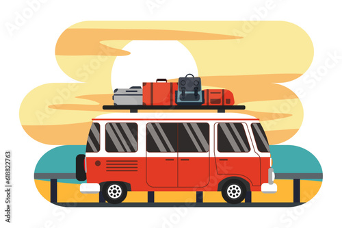 Retro mini van. Travel, camping, summer, road, beach.