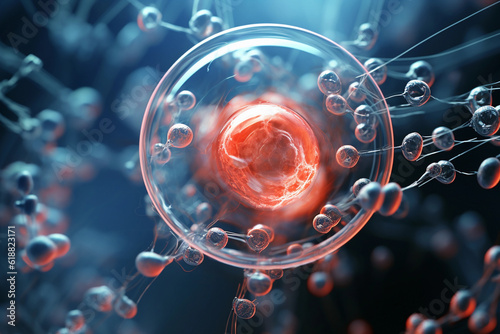 Beautiful Human stem cell generated with AI, 3D rendering ,microscope. Perfect template for you powerpoint, linkedin post, website, portfolio deck (Generated with AI)	