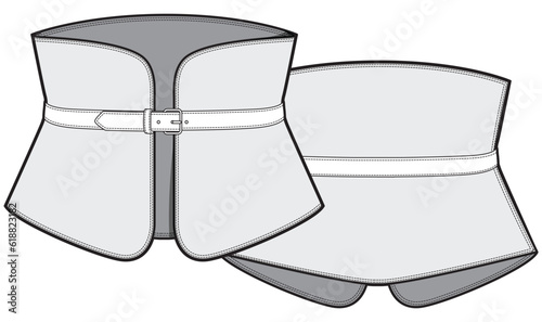 Under Bust Corset Belt Front and Back View. Fashion Flat Sketch Vector Illustration, CAD, Technical Drawing, Flat Drawing, Template, Mockup. photo