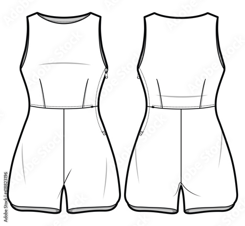 Round Sleeveless Side Zip Romper Playsuit Front and Back View. Fashion Flat Sketch Vector Illustration, CAD, Technical Drawing, Flat Drawing, Template, Mockup. photo