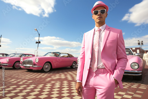 Happy funny young man in pink suit having fun on pastel pink background with a pink car. The boy or man in pink suit, suspenders, bow tie and sneakers is proude of his pride car. photo