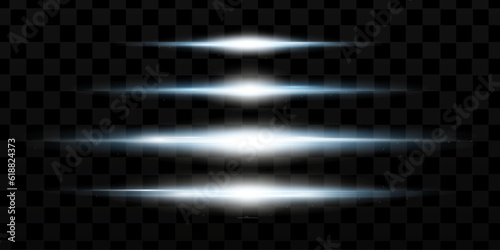 Blue horizontal lens flares pack. Laser beams, horizontal light rays.Beautiful light flares. Glowing streaks on dark background. Luminous abstract sparkling lined background.