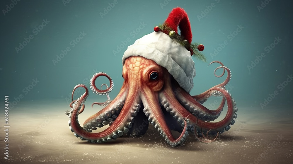 Octopus in a Christmas hat on a minimalistic background, festive mood ...