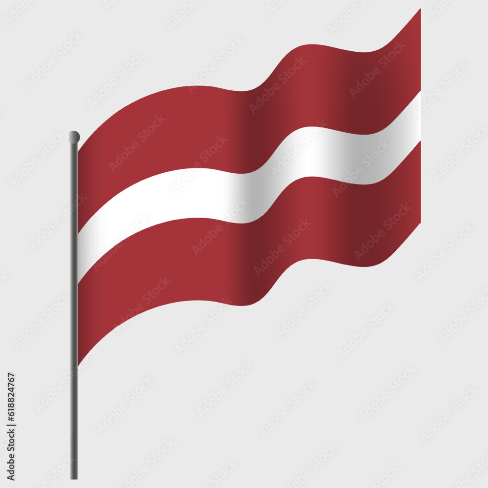 Waved Latvia flag. Latvian flag on flagpole. Vector emblem of Latvia Waved Latvia flag. Latvian flag on flagpole. Vector emblem of Latvia