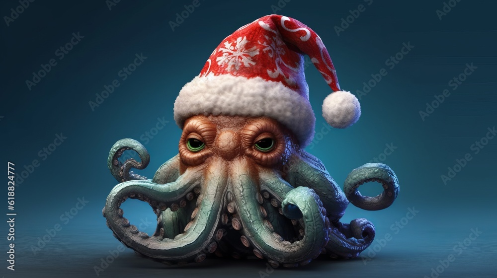Octopus in a Christmas hat on a minimalistic background, festive mood ...