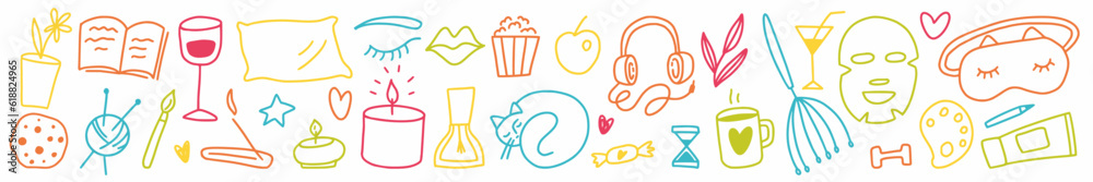 Vector collection of elements of self-care, time for yourself, time of beauty and relaxation.