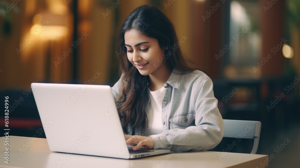 Young woman student study in the school library. She using laptop and learning online, Generative AI Young woman student study in the school library. She using laptop and learning online, Generative AI