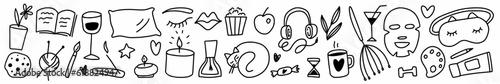 Vector collection of elements of self-care, time for yourself, time of beauty and relaxation.