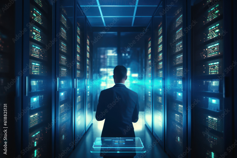 Cutting-edge Vision: Tech Guru in Futuristic Data Center Utilizing Laptop Amidst Warehouse, Streamlined Digitalization with Server-Based Information. SAAS, Cloud Computing, Web Service Empowered Cutting-edge Vision: Tech Guru in Futuristic Data Center Utilizing Laptop Amidst Warehouse, Streamlined Digitalization with Server-Based Information. SAAS, Cloud Computing, Web Service Empowered