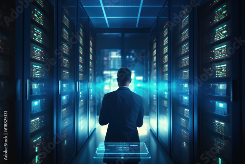 Cutting-edge Vision: Tech Guru in Futuristic Data Center Utilizing Laptop Amidst Warehouse, Streamlined Digitalization with Server-Based Information. SAAS, Cloud Computing, Web Service Empowered