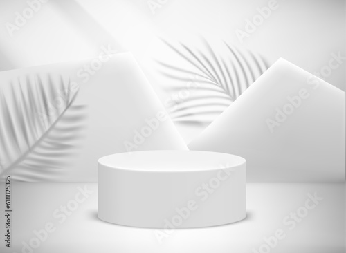 Bright studio with sun flare and shadows of plants. 3D vector illusration 