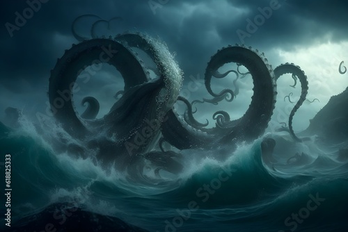 Majestic Kraken Unleashed: Witness the awe-inspiring emergence of a mythical kraken from the depths, its swirling tentacles entwined amidst tumultuous stormy seas in this captivating image