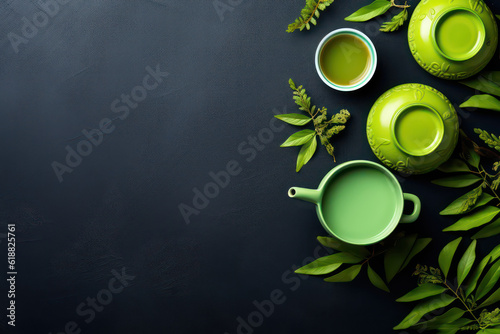 Top view of the ceramic tea set and green tea leaves. Asian tea ceremony, banner template with copy space, black background. Generative AI.