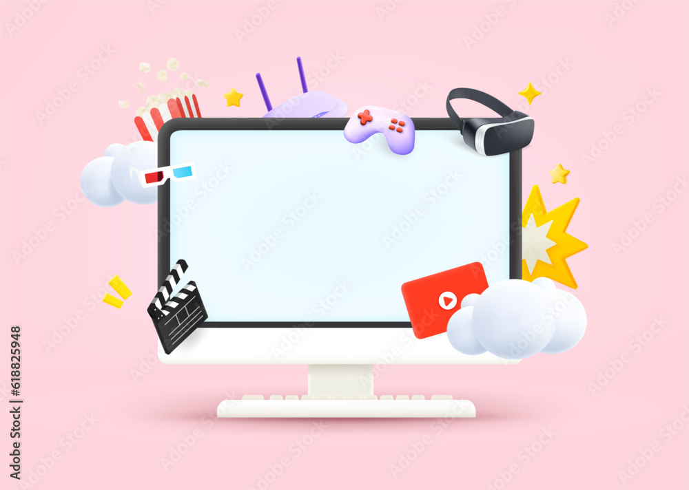 Computer monitor with video entertainment elements and blank screen. 3d vector illustration
Computer monitor with video entertainment elements and blank screen. 3d vector illustration