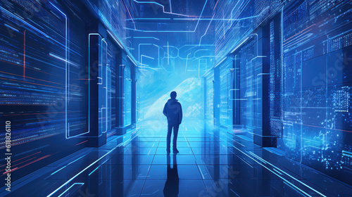 Cutting-edge Vision: Tech Guru in Futuristic Data Center Utilizing Laptop Amidst Warehouse, Streamlined Digitalization with Server-Based Information. SAAS, Cloud Computing, Web Service Empowered