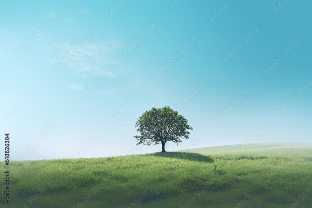 Obraz premium A grassy hill covered with greenery and a solitary tree. copy space. Generative AI,