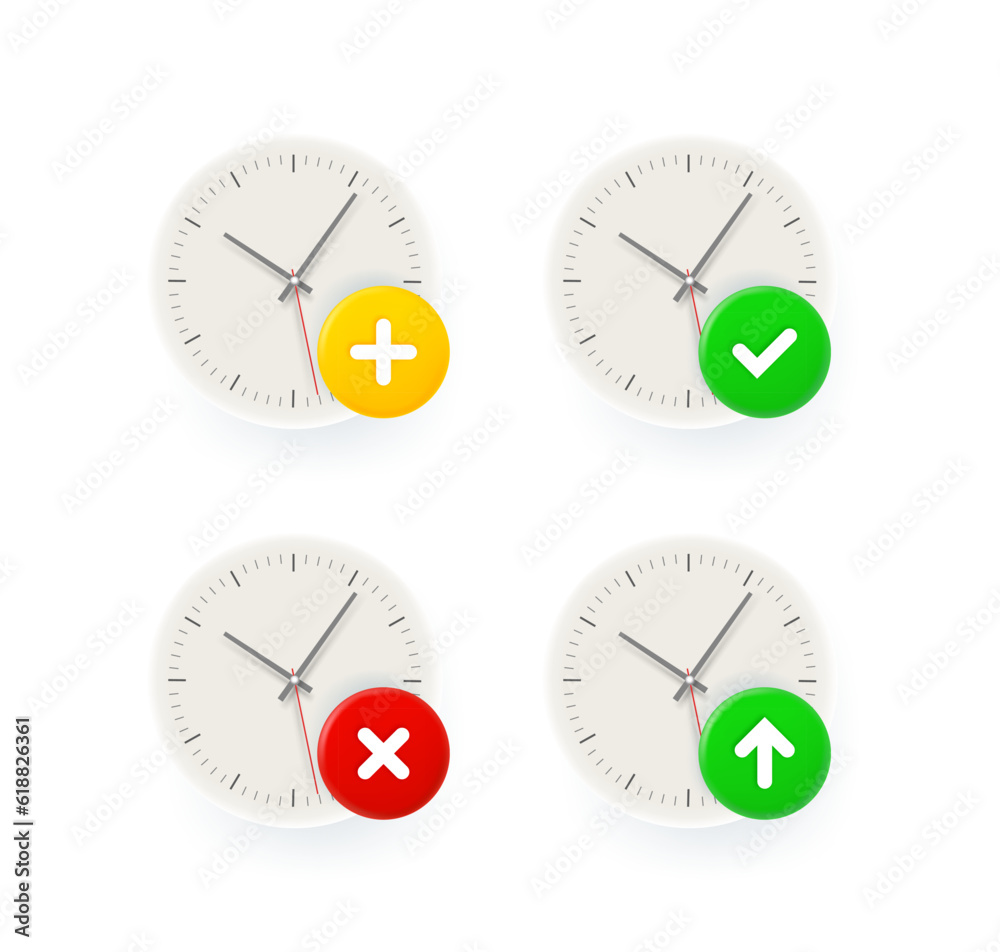 Clock icons set with different pictograms. 3d vector icons set isolated on white background Clock icons set with different pictograms. 3d vector icons set isolated on white background