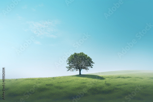 A grassy hill covered with greenery and a solitary tree. copy space. Generative AI 