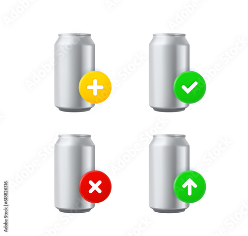 Metal can icons set with different pictograms. 3d vector icons set isolated on white background