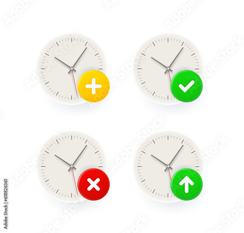 Clock icons set with different pictograms. 3d vector icons set isolated on white background