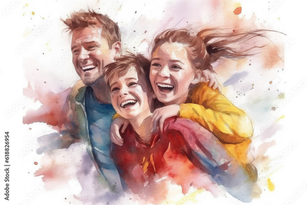 Watercolor illustration of father and his children Watercolor illustration of father and his children