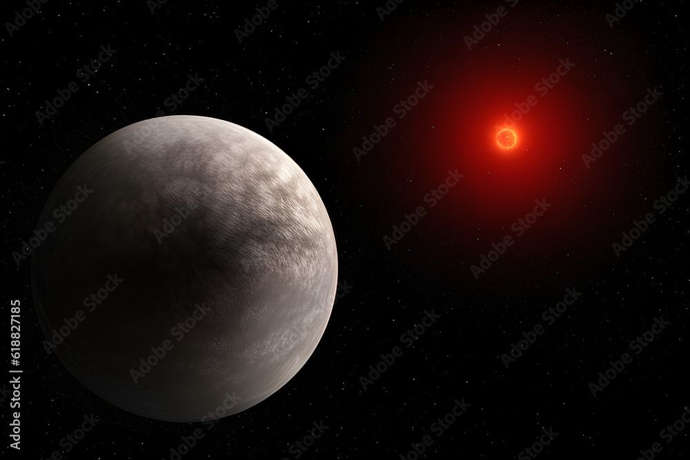 Exoplanet orbiting around a giant red star. Generative Artificial Intelligence. Exoplanet orbiting around a giant red star. Generative Artificial Intelligence.