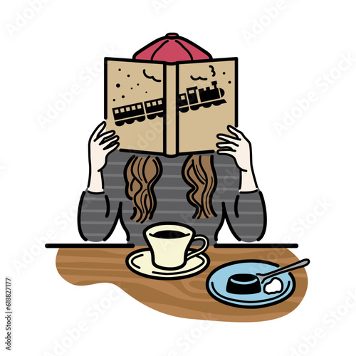 カフェで読書をする女性のイラスト（カラー）