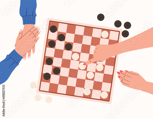 Flat People playing checkers, top view. Hands making a move in a logic board game. Cartoon isolated vector chess board.