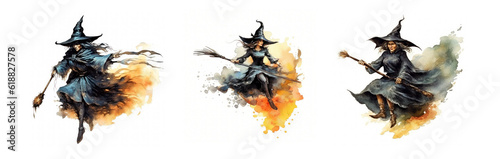 Witch riding a broom halloween isolated watercolor generative ai