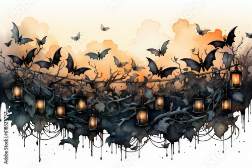 Halloween background with bats garland watercolor generative ai