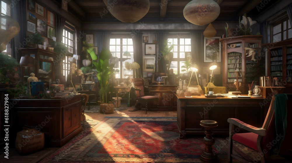 Authentic 1800s Workspace Featuring Classic Wooden Furniture and Oil Lamps - A Glimpse into Historical Office Life - Vintage Work Area from the Victorian Era. Generative AI.