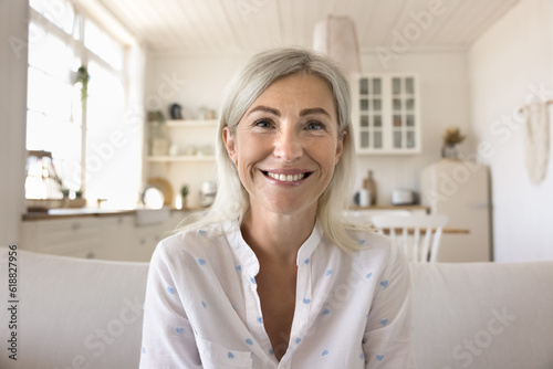Positive pretty blonde mature woman home head shot portrait. Happy senior lady talking on online video conference call, looking at camera with toothy smile, sitting on couch with kitchen in background © fizkes