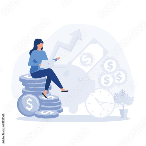 Financial consultant leaning on a stack of coins smiles friendly and waves with hand. Financial consulting, investment and savings, flat vector modern illustration