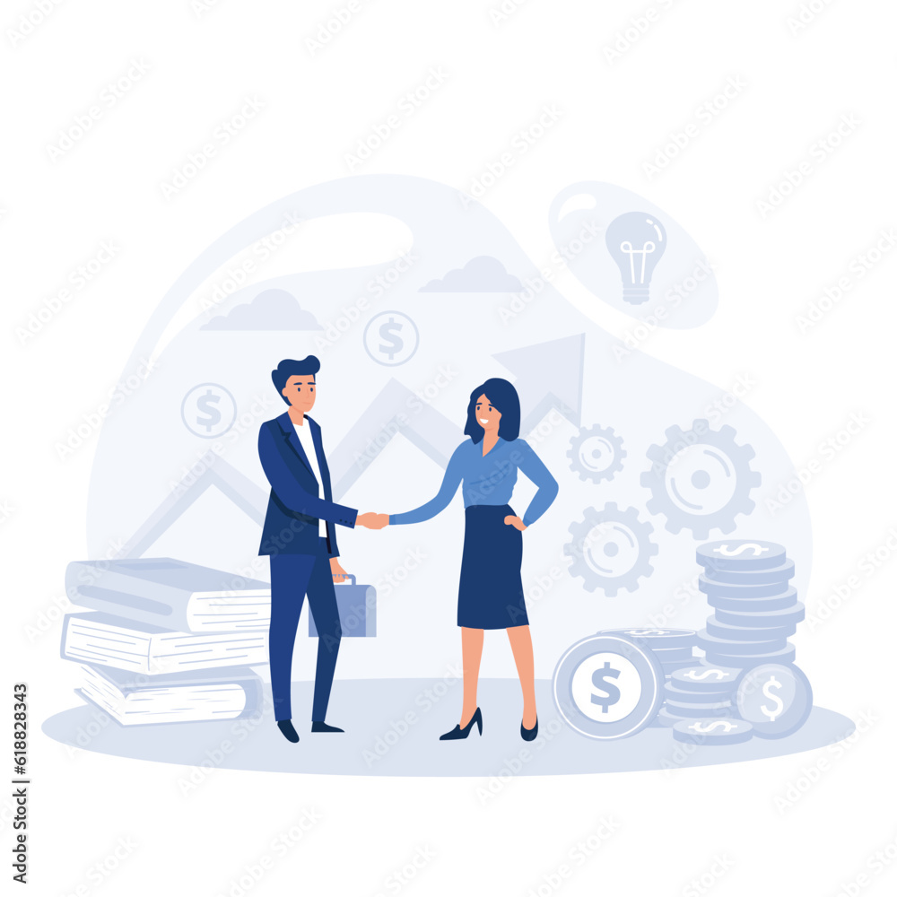 Business people shaking hands, Happy man investing in startup ideas, making financial deal with woman, flat vector modern illustration