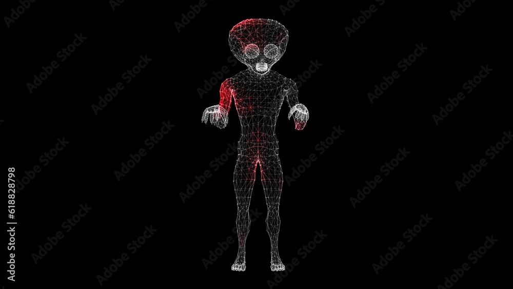 3D Alien Scan. UFO futuristic concept. Alien Scanning Interface. HUD Scull analyze. Mysterious Alien Humanoid, extraterrestrial life concept. For title, text, presentation. 3d animation.