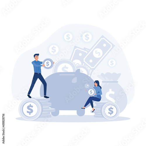 Tiny people saving money in piggy bank. Business, wealth and financial investment concept, flat vector modern illustration