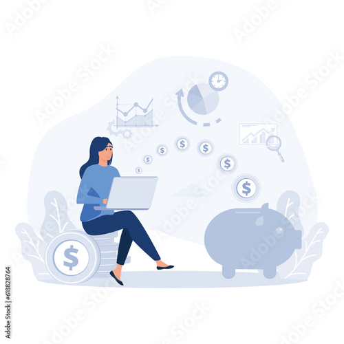 A young woman works at a laptop to study and fulfill financial savings. Money is flying in a piggy bank, flat vector modern illustration