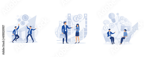 Business people stepping up on coins, business analysis and planning, business porters a successful team, set flat vector modern illustration