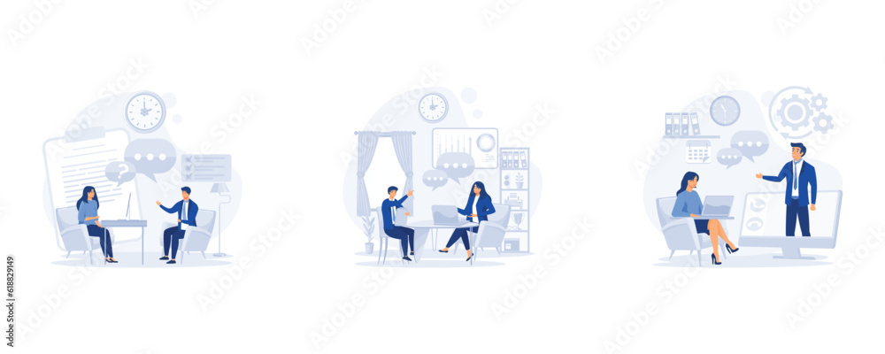 Job interview, Woman having a job interview with Businessman HR. Online interview, set flat vector modern illustration