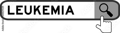 Search banner in word leukemia with hand over magnifier icon on white background